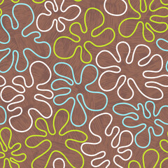 Seamless 1960s mod tiki flower pattern for backgrounds, fabric design, wrapping paper, print media. Fun retro design. Vector illustration.