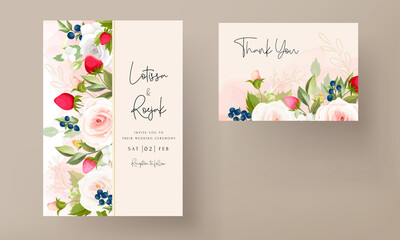 beautiful hand drawing roses flower wedding invitation card with strawberry and berry design