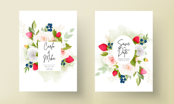 beautiful hand drawing roses flower wedding invitation card with strawberry and berry design