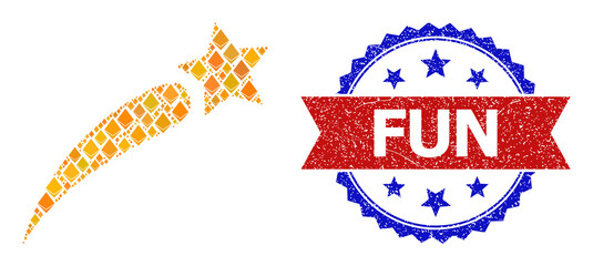 Vector jevel composition petard star icon, and bicolor textured Fun stamp. Red round stamp includes Fun title inside circle. Petard star mosaic is created with brilliant elements.