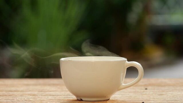 Close up cup of hot coffee or tea with steam on wood table in morning. Nature background in sunshine. Hot coffee or tea concept.