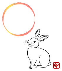 ウサギ 満月のフレーム 卯の漢字のスタンプ 絵筆で描いた墨絵風のお洒落なイラスト ベクターです 