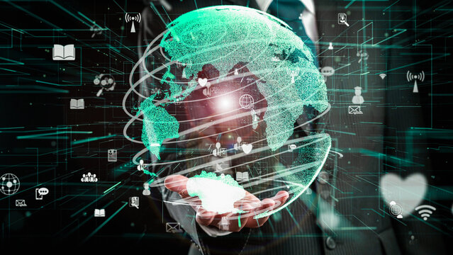 Businessman show hologram of global network communication allusive technology. Virtual augmented reality generated by 3D rendering motion graphic and animation to create futuristic HUD .