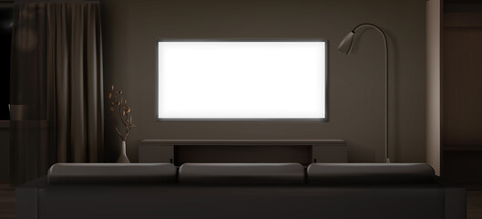 Wide tv screen in dark living room at night background illustrated