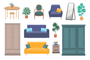 Living room interior elements flat vector illustrations set