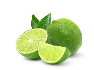 Natural  fresh lime with sliced and water droplets  isolated on white background.