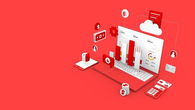 Isometric Budget Data Visualization 3D Rendering, Analyze The Idea Of Success In Business Or Brand