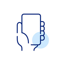 Hand holding a smartphone mock up. Pixel perfect, editable stroke line art icon
