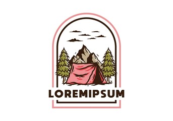 Camping tent in front of the mountain and between pine trees