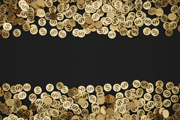Lay on ground money gold 24k coins dollar scattered floor black background shiny reflective light currency 3d. Financial investment and element decoration background. Copy space. 3d illustration.