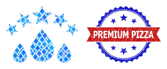 Vector crystal collage quality water drops icon, and bicolor textured Premium Pizza stamp. Red round badge has Premium Pizza title inside circle.