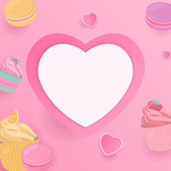 Heart background with pastel cupcake and macaron