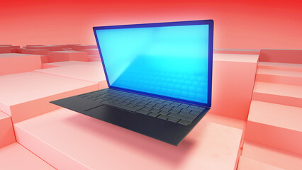 Laptop Open with Bright Screen in Blue inclined and flying on the geometric blocks - Blur in background DOF