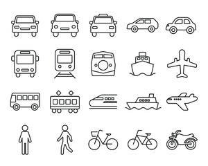 交通手段・乗り物のシンプルな線画アイコンセット/白背景