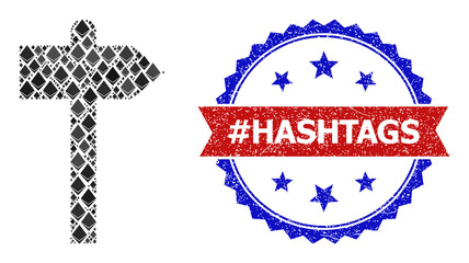 Vector diamond collage road pointer icon, and bicolor textured #Hashtags seal. Red round badge includes #Hashtags caption inside circle. Road pointer collage is formed with diamond elements.