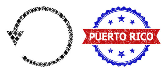 Vector crystal mosaic rotate CCW icon, and bicolor dirty Puerto Rico seal. Red round stamp seal contains Puerto Rico text inside circle. Rotate CCW mosaic is composed with diamond elements.