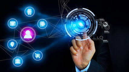 Digital transformation technology strategy, IoT, internet of things. A young entrepreneur working on a virtual screen of the future