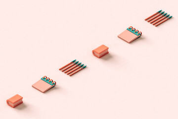 a row of office supplies. 3d render