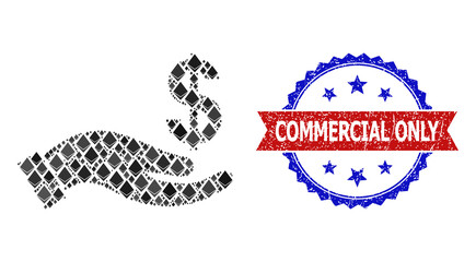 Vector gem mosaic salary offer hand icon, and bicolor textured Commercial Only seal. Red round seal contains Commercial Only title inside circle. Salary offer hand collage is done with gemstone parts.