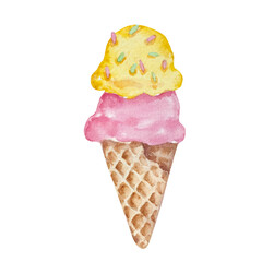 Watercolor ice cream in a cone cup