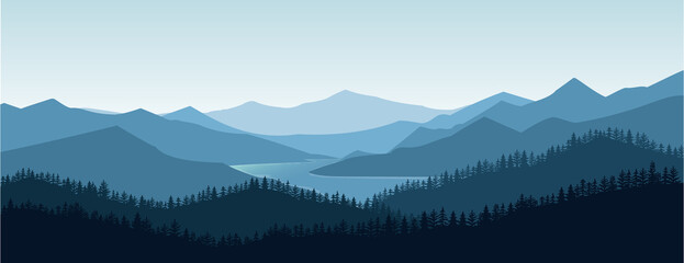 Vector illustration mountains. Mysterious landscape of forest, mountaings in fog