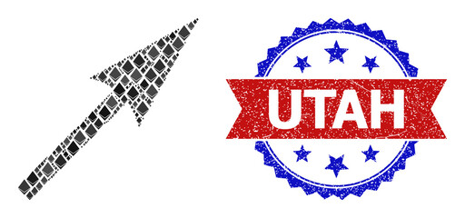 Vector gem mosaic sharp arrow icon, and bicolor dirty Utah seal stamp. Red round seal includes Utah tag inside circle. Sharp arrow collage is created with diamond parts.