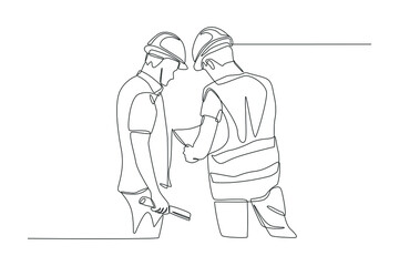 Fototapeta na wymiar Continuous one line drawing two Engineer talking and discussing about construction plan. Road and building construction concept. Single line draw design vector graphic illustration.