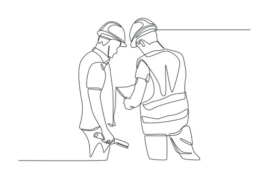 Continuous one line drawing two Engineer talking and discussing about construction plan. Road and building construction concept. Single line draw design vector graphic illustration.