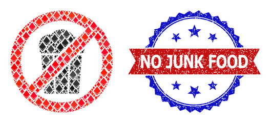 Vector ethereum mosaic stop popcorn icon, and bicolor scratched No Junk Food seal stamp. Red round stamp has No Junk Food caption inside circle. Stop popcorn collage is composed of diamond items.