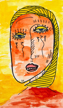 Bold sketch of a woman in tones of yellow, red and orange. 