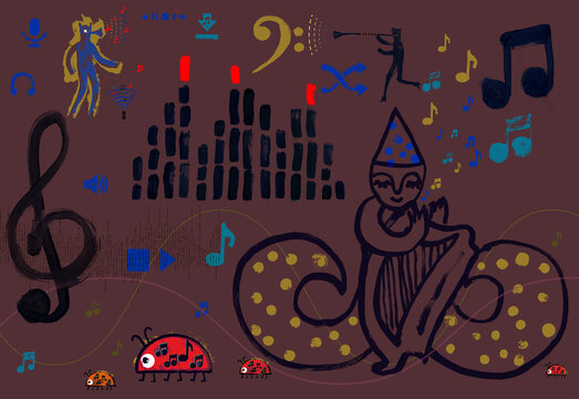 Cartoon Character with Harp, Graphic Equalizer, and Treble Clef