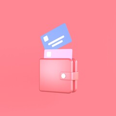 3D wallet with credit card minimal style on pink background.idea shopping online payment and saving money concept. 3d render illustration