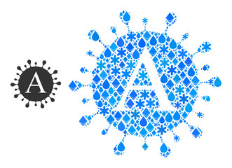 Vector cold blue water mosaic Alpha coronavirus icon. Alpha coronavirus mosaic is made of mineral parts, liquid drops, snow flakes.