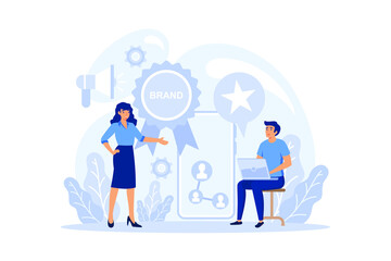 Brand management concept set. Unique design of a company creation and development. Brand recognition as a marketing strategy and promotion. flat design modern illustration