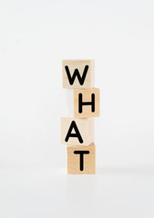 Cubic wooden blocks forming the 'what' text