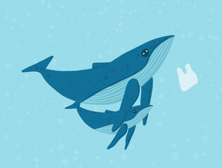 Whale family plastic contamination illustration