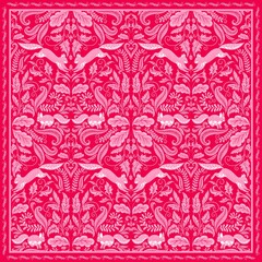 Square design for a scarf with squirrels and a Damask-style ornament.