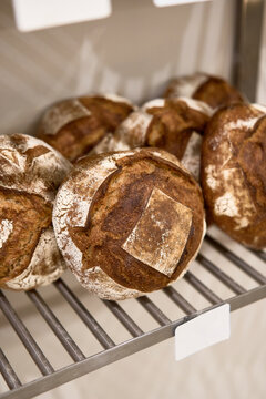 Loaves of bread in bakery