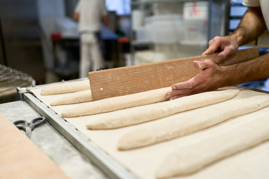 Crop man making baguettes from dough