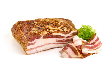 Homemade Bacon, dry cured and air dried, pork belly, smoked pork meat, delicacy food in Ukrainian cuisine, isolated on white background