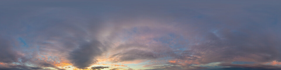 Dark blue sunset sky panorama with pink Cumulus clouds. Seamless hdr 360 panorama in spherical equirectangular format. Full zenith for 3D visualization, sky replacement for aerial drone panoramas.