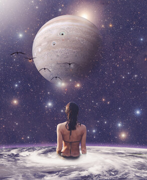 Woman taking a bath with Jupiter in front