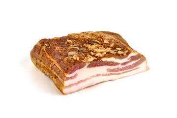 Homemade Bacon, dry cured and air dried, pork belly, smoked pork meat, delicacy food in Ukrainian cuisine, isolated on white background
