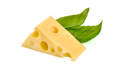 Emmental cheese triangle with basil, Swiss cheese, isolated on white background. High resolution image