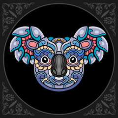 Colorful koala head zentangle arts. isolated on black background. 