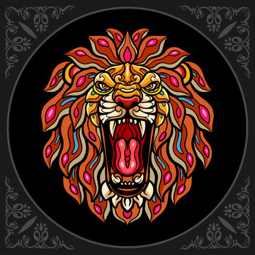 Colorful lion head zentangle arts. isolated on black background. 