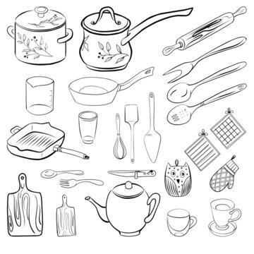 Set of kitchen utensil doodle on white isolated background.