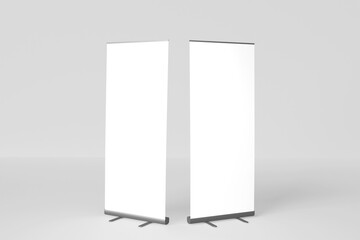 Blank white roll-up banner display mockup, isolated, 3d rendering.