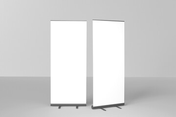 Blank white roll-up banner display mockup, isolated, 3d rendering.