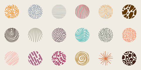 Set of hand drawn lines pattern doodle style round shapes isolated  on cream background